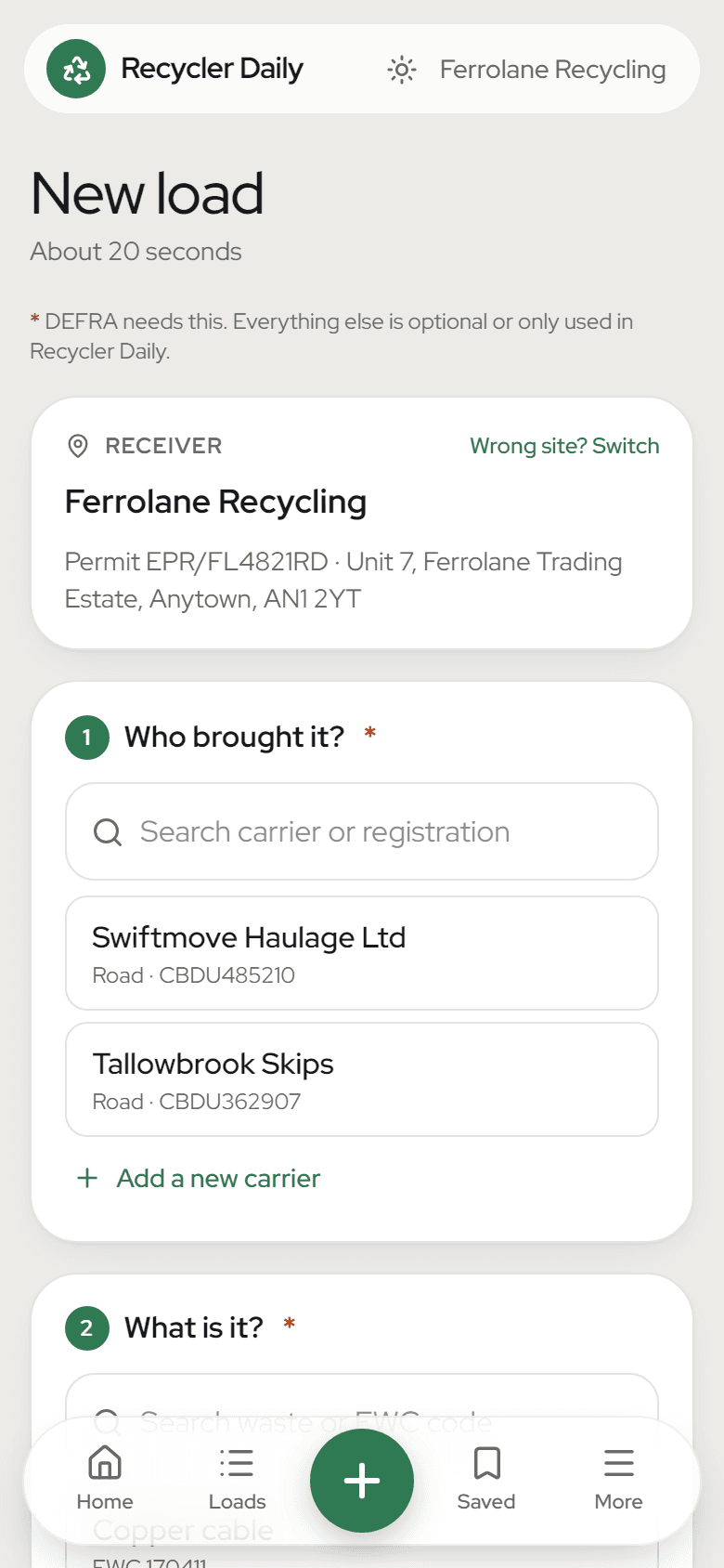 The New load form in Recycler Daily