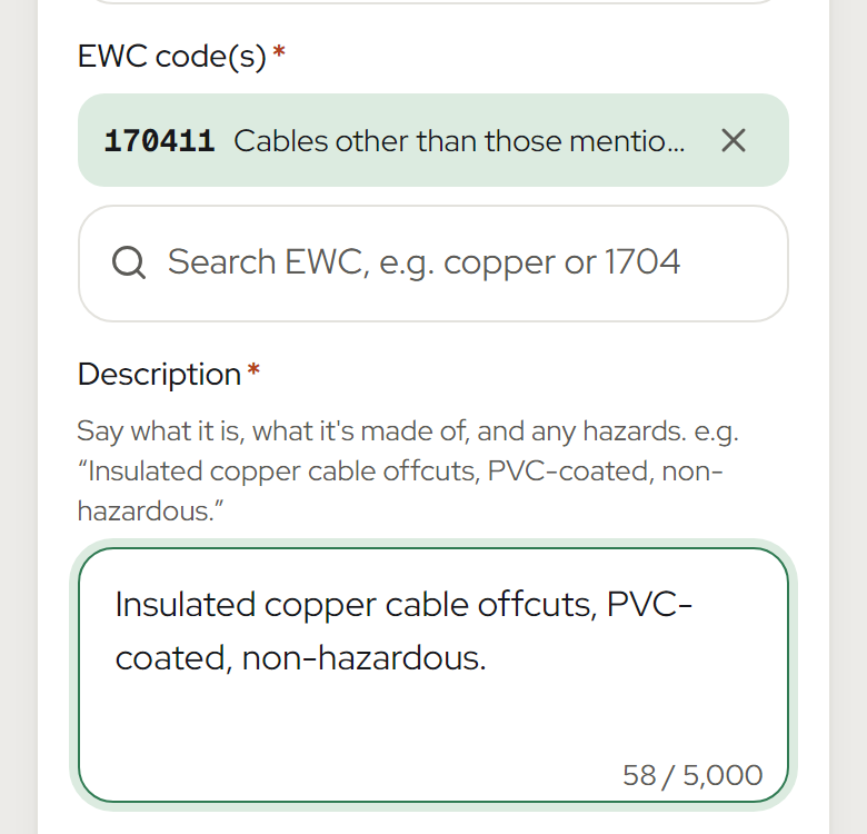 Adding a waste type: name, EWC code and description