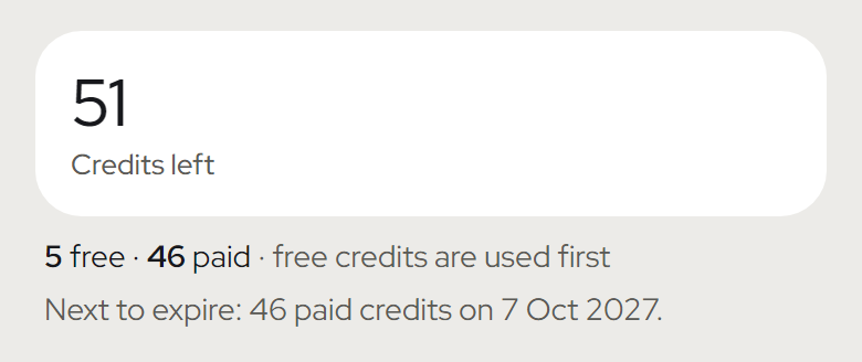 The Credits page: free and paid credits, next to expire, buy more